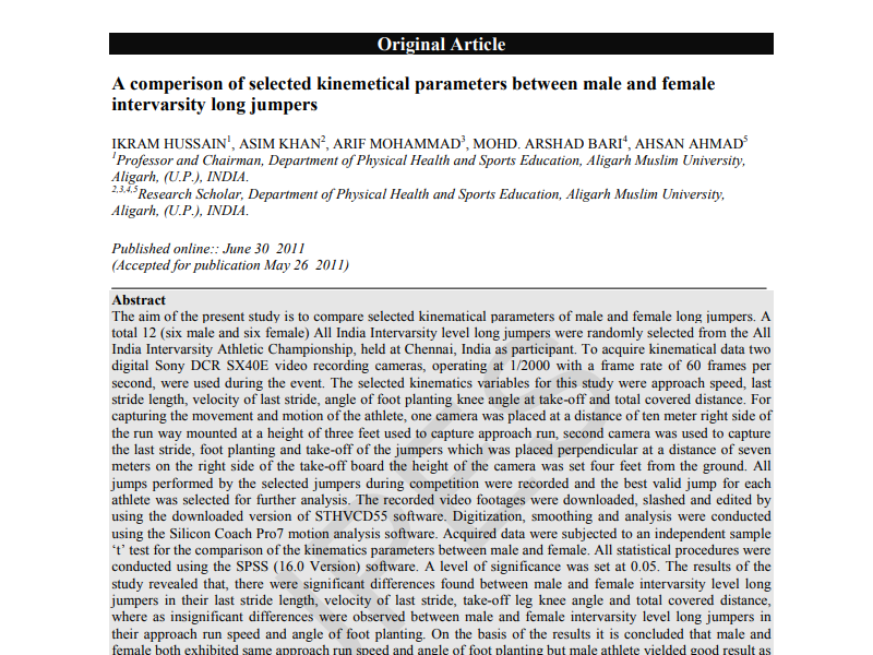 A comperison of selected kinemetical parameters between male and female intervarsity long jumpers